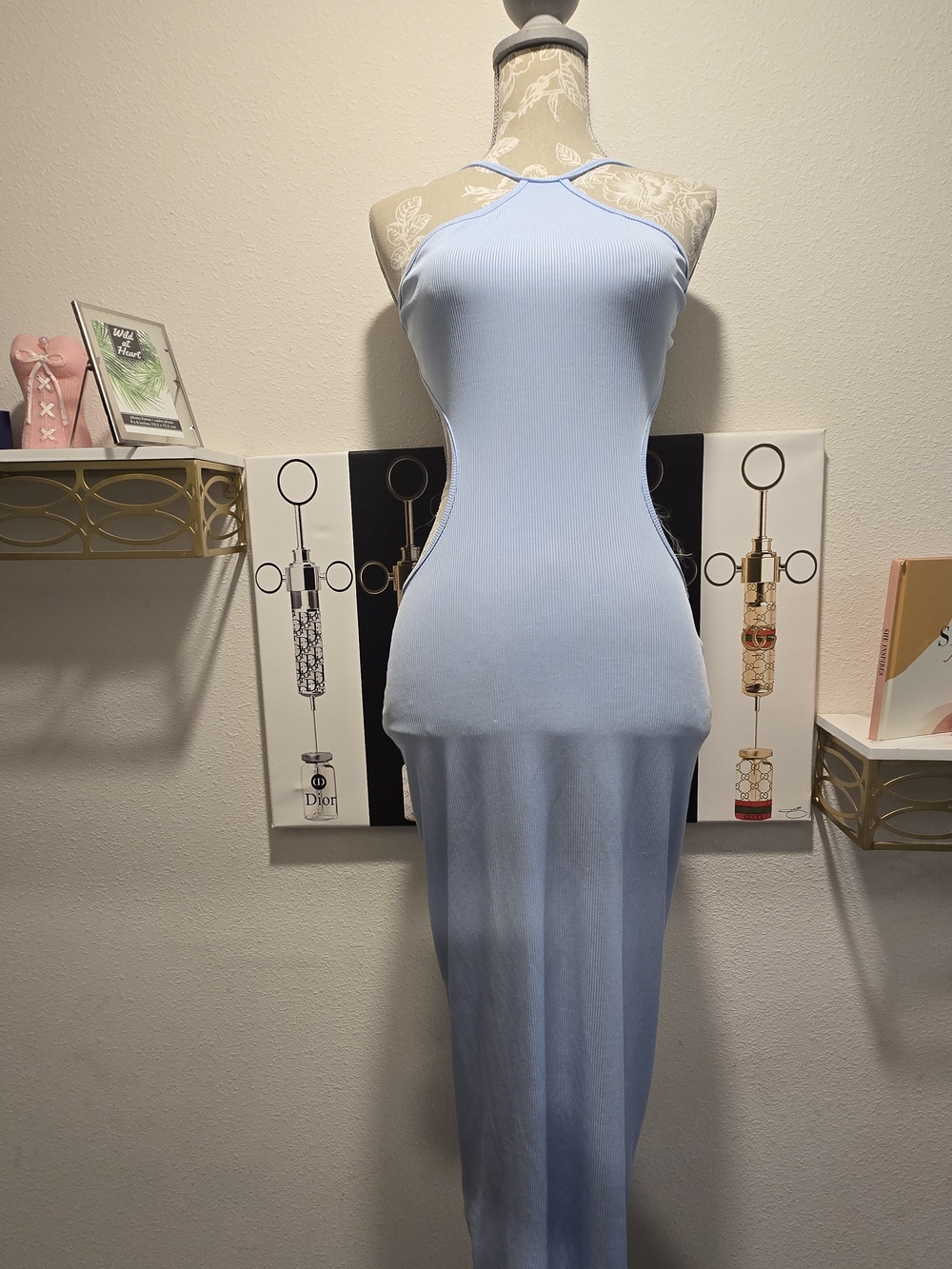 Sleeveless M Light Blue Halter Maxi Dress
